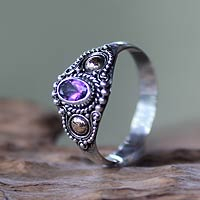 Gold accented amethyst cocktail ring, 'Mystic Trio' - Sterling Silver and Gold Cocktail Ring with Amethyst