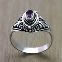 Amethyst locket ring, 'Mysterious Garden' - Fair Trade Silver and Amethyst Locket Ring from Bali