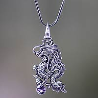 Men's amethyst necklace, 'Dragon's Ball' - Men's Fair Trade Sterling Silver and Amethyst Necklace