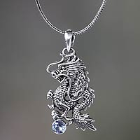 Men's blue topaz necklace, 'Dragon's Ball' - Men's Jewelry Sterling Silver and Blue Topaz Necklace