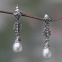 Cultured pearl dangle earrings, 'Sacred Dance' - Unique Cultured Pearl and Silver Dangle Earrings