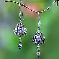 Amethyst dangle earrings, 'Three Petals' - Fair Trade Silver Flower Earrings with Genuine Amethyst