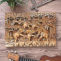 Wood relief panel, 'Jungle Frolic' - Fair Trade Handcrafted Elephant Wall Relief Panel