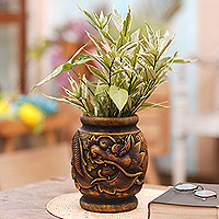Mahogany decorative vase, 'Fierce Anantaboga' - Antiqued Artisan Crafted Mahogany Wood Dragon Vase
