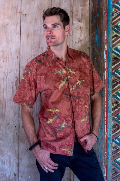 Mens cotton batik shirt, Terracotta Birds