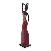 Wood sculpture, 'Ready To Go' - Distressed Wooden Figurine of Young Balinese Woman