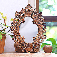 Wood wall mirror, 'Mataram Rococo' - Ornate Rococo Style Carved Wood Mirror from Bali Artisan