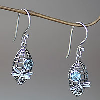 Blue topaz dangle earrings, 'Kintamani Dragonfly in Blue' - Dragonfly Theme Earrings Crafted from Sterling and Topaz
