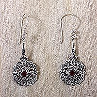 Garnet dangle earrings, 'Red Rafflesia' - Fair Trade Garnet Dangle Earrings with Floral Motif