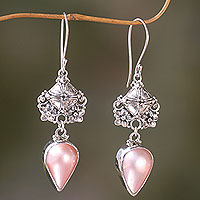 Pink mabe pearl dangle earrings, 'Budding Frangipani' - Handmade Pink Mabe Pearl and Silver Earrings from Bali