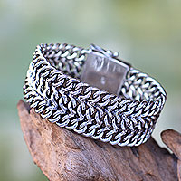 Sterling silver wristband bracelet, 'Enmeshed' - Women's Sterling Silver Wristband Bracelet from Indonesia