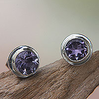 Amethyst stud earrings, 'Purple Simplicity' - Round Amethyst and Sterling Silver 925 Stud Earrings