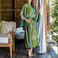 Batik robe, 'Pancaroba' - Handmade Batik Women's Robe from Bali in Shades of Green