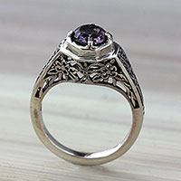 Amethyst solitaire ring, 'Magic Garden' - Ornate Amethyst Solitaire Ring with Silver Floral Cutouts