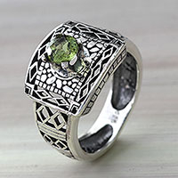 Peridot cocktail ring, 'Bali Temple' - Handcrafted Peridot Ring with Silver Cutout Motifs