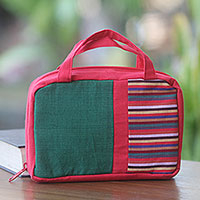 Cotton cosmetics bag, 'Red Jogja' - Hand Woven Cotton Cosmetics Bag in Red and Green