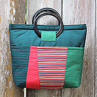 Cotton and mahogany handbag, 'Keraton Green' - Multi Pocket Green Cotton Handbag with Mahogany Handles