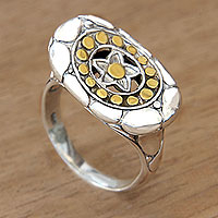 Gold accent sterling silver cocktail ring, 'Starlight' - Modern Balinese Silver Star Motif Ring with 18k Gold Accents
