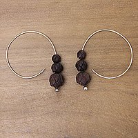 Sterling silver and wood hoop earrings,