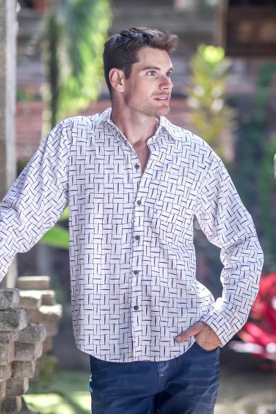 Mens cotton shirt, Bali Weave in Black and White