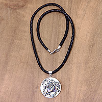 Leather and bone pendant necklace, 'Scorpio' - Scorpio Leather Necklace Hand Carved Bone Pendant
