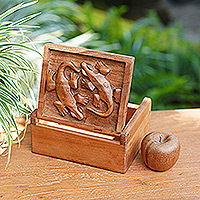Wood box, 'Gecko Twins' - Hand Carved Wood Box with Gecko Relief Sculpture on Lid