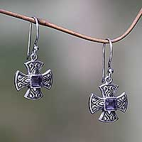 Amethyst dangle earrings, 'Cross Pattee' - Balinese Handcrafted Silver and Amethyst Cross Earrings