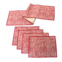 Cotton and natural fiber table runner and placemats Java Red set for 4 Indonesia