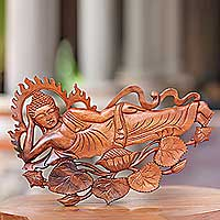 Wood relief panel, 'Buddha Relaxes' - Signed Balinese Buddha Suar Wood Relief Panel Sculpture