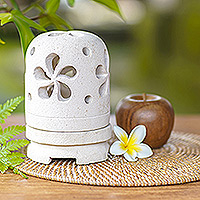 Limestone tealight candleholder, 'Jasmine Glow' - Balinese Carved Floral Limestone Tealight Holder Sculpture