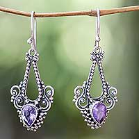 Amethyst dangle earrings, 'Balinese Glitz' - Pisces Amethyst Birthstone on Sterling Silver Hook Earrings