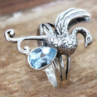 Blue Topaz Swan Theme Sterling Silver Cocktail Ring