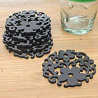 Wood coasters Black Bali Blossoms set of 6 Indonesia