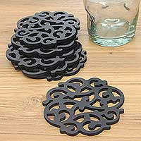 Wood coasters Fern Shadow set of 6 Indonesia