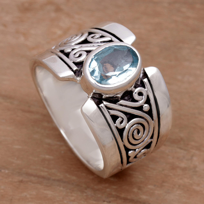 Blue topaz single stone ring, 'Blue Karma' - Artisan Crafted Sterling Silver Wide Ring with Blue Topaz