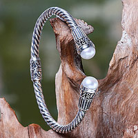 Cultured pearl cuff bracelet, 'Moonlit Promenade' - Sterling Silver Hinged Cuff Bracelet with Pearls