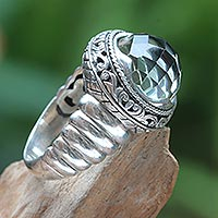 Prasiolite cocktail ring, 'Natural Spring' - Modern Balinese Silver Ring with Faceted Prasiolite
