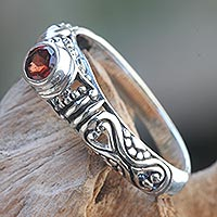 Garnet solitaire ring, 'Hearts Connected' - Bali Artisan Crafted Silver and Garnet Solitaire Ring