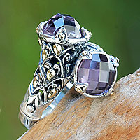 Amethyst and gold accent cocktail ring, 'Twin Lilies' - 5-carat Amethyst Sterling Silver Ring from Bali