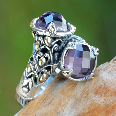 Amethyst and gold accent cocktail ring, 'Twin Lilies' - 5-carat Amethyst Sterling Silver Ring from Bali