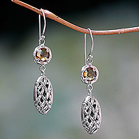 Quartz dangle earrings, 'Sunset Bamboo' - Sterling Silver Earrings with Bamboo Pattern and Quartz