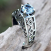 Blue topaz cocktail ring, 'Sky Goddess Temple' - Silver Lattice Handcrafted Blue Topaz Cocktail Ring