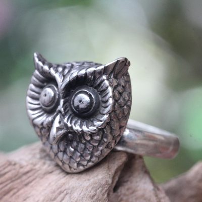 Sterling silver cocktail ring, Owl Guardian