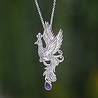 Amethyst pendant necklace, 'Peacock in Flight' - Bird Theme Sterling Silver Necklace with Amethyst