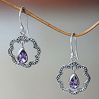 Amethyst dangle earrings, 'Flower Halo' - Floral Fair Trade Silver Earrings with Amethyst
