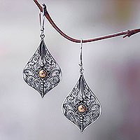 Gold accent dangle earrings, 'Vintage Lace' - Vintage Style Sterling Silver Earrings with 18k Gold Accents