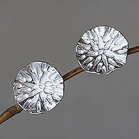 Sterling silver button earrings, 'Pennywort Leaf' - Bali Handcrafted Sterling Silver Leaf Earrings