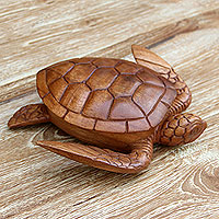 Wood box, 'Sea Turtle Guardian' - Hand Carved Wood Sculpture Decorative Box
