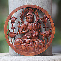 Wood relief panel, 'Blessing Buddha' - Carved Wood Relief Panel of Buddha with Brown Finish