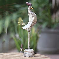 Wood sculpture, 'White Rooster' - Wood Rooster Hand Carved Sculpture with Stand